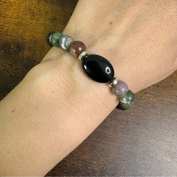 Lava Rock and Green Agate Beaded Stretch Bracelet with Black Stone Boho Chic - Picture 6 of 9